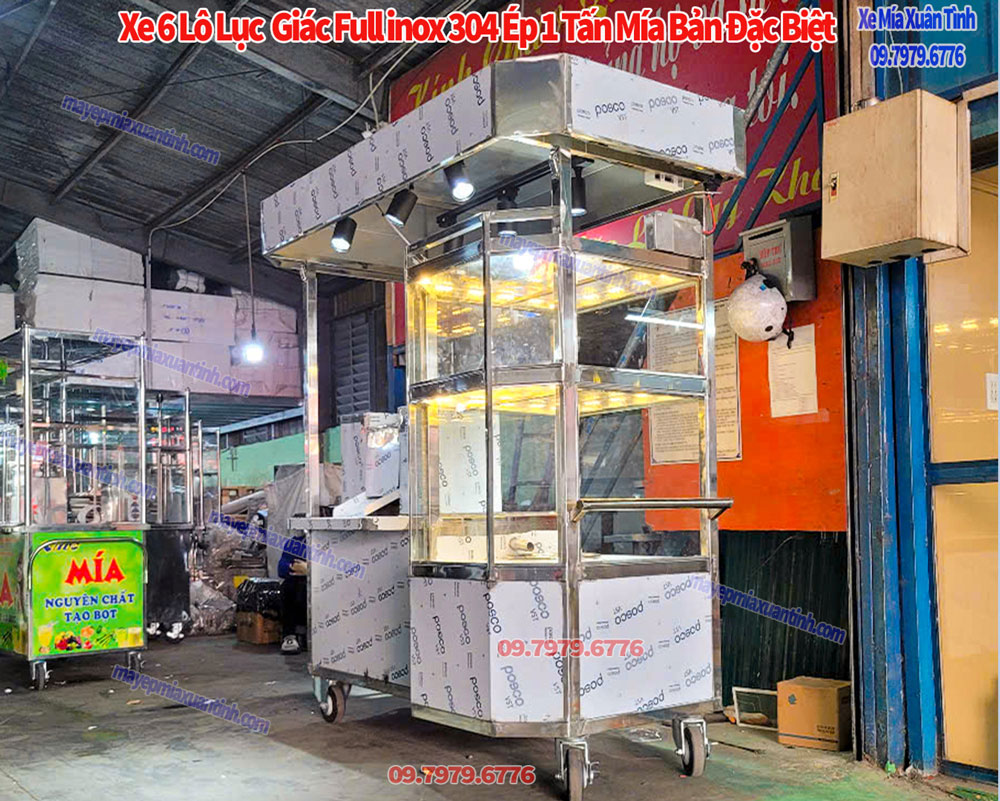Xe Nước Mía 6 Lô Lục Giác Full Inox 304
