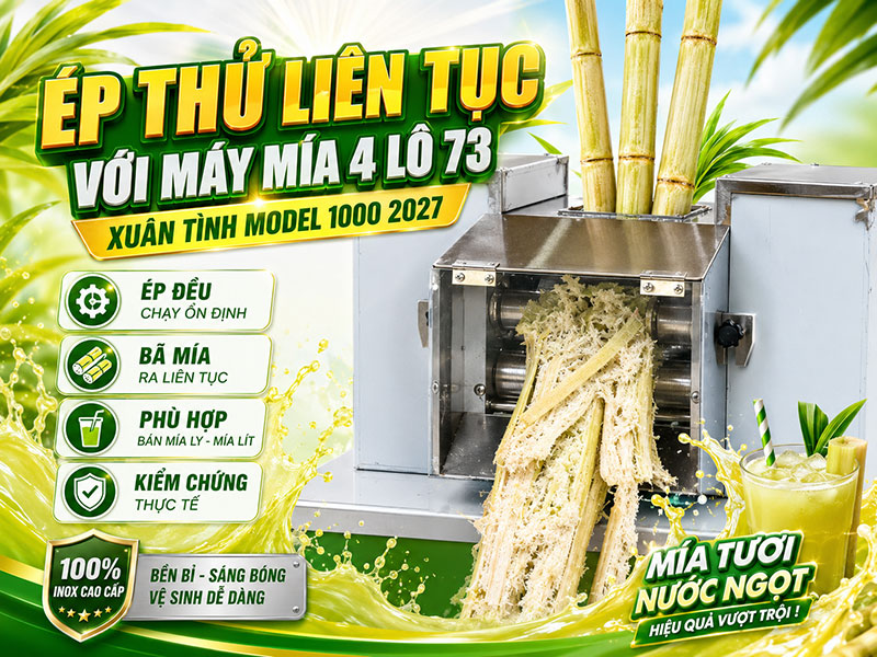 Ép thử liên tục với máy ép mía 4 lô 73 Xuân Tình model 1000 Ép thử liên tục với máy ép mía 4 lô 73 Xuân Tình model 1000